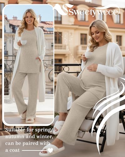 Women's 2 Piece Maternity Ribbed Pajama Outfit - color: Apricot, size: Large