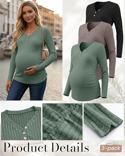 Oakgarden 3 Pack Women's Ribbed Henley Maternity Sweaters - color: Black, Coffee, Bean Green, size: Medium
