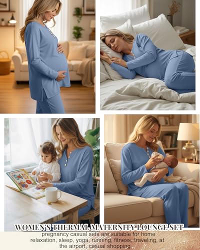 2 Piece Thermal Maternity Lounge Set - color: Gray Blue, size: Small