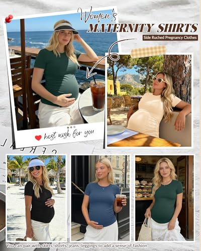 Huukeay 4 Pack Women's Short Sleeve Maternity Tops - color: Black, Apricot, Haze Blue, Dark Green, size: Medium