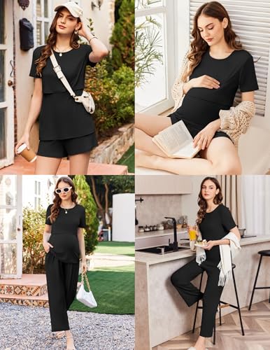 Ekouaer 3 Pack Postpartum Nursing Pajamas Breastfeeding Maternity Clothes - color: Black, size: Small