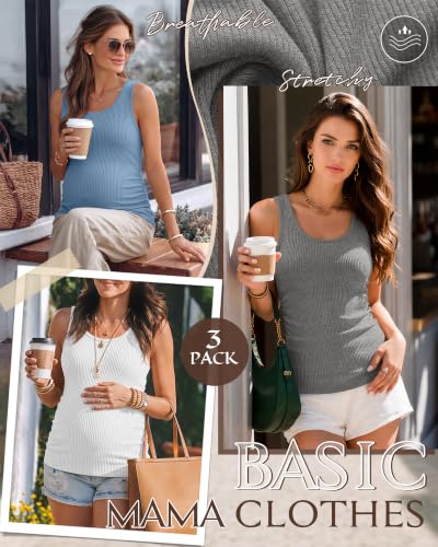 Riyiper 3 Pack Women's Maternity Tank Tops - color: Light Heather Gray, White, Sky Blue, size: Medium