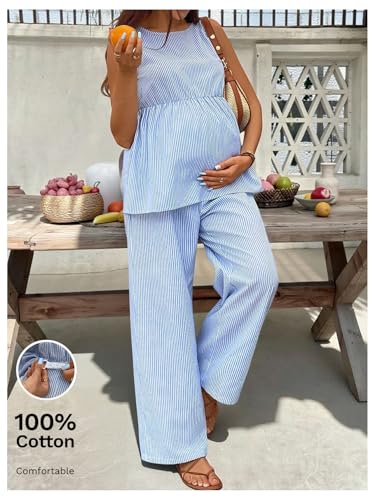 MakeMeChic Women's Maternity 2 Piece Outfits Striped Tank Top and Pants - color: Blue, size: Small