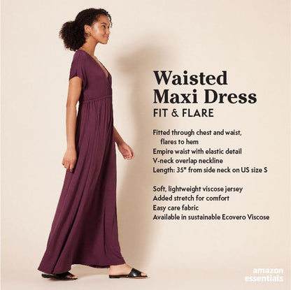 Amazon Essentials Women's V Neck Short Sleeve Empire Waist Maxi Dress (Available in Plus Size) - color: Burgundy, size: X-Small