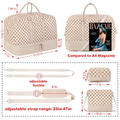 IBFUN Weekender Bags for Women, 3PCS Travel Set with Shoe Compartment 21.6 - color: A15-khaki+checkered