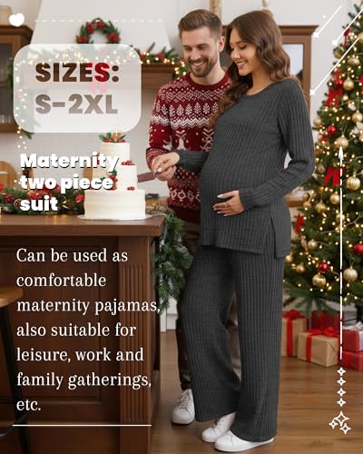 Women's 2 Piece Maternity Ribbed Pajama Outfit - color: Dark Gray, size: XX-Large
