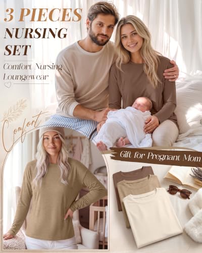 Riyiper 3 Pack Women's Nursing Shirts with Hidden Zippers - color: Cream, Khaki, Coffee, size: Small