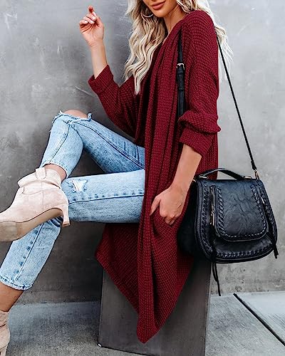Womens Open Front Knit Cardigan Long Batwing Sleeve Oversized Sweater Chunky Waffle Cable Boho Pockets Coat - color: Burgundy, size: Medium