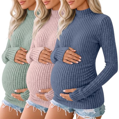 3 Pack Women's Maternity Turtleneck Tops - color: Dark Blue, Peach Pink, Light Green, size: Small