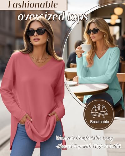Huukeay 3 Pack Women's Oversized Long Sleeve V Neck Shirts - color: Black, Brick Red, Gray Green, size: X-Large