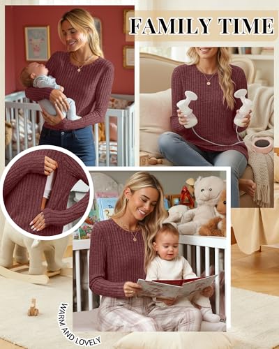 Womens Maternity Nursing Breastfeeding Ribbed Shirt - color: Burgundy, size: Medium