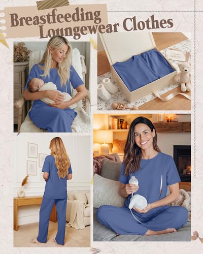 2Pc Postpartum Nursing Pajamas Set - color: Dark Blue, size: X-Large