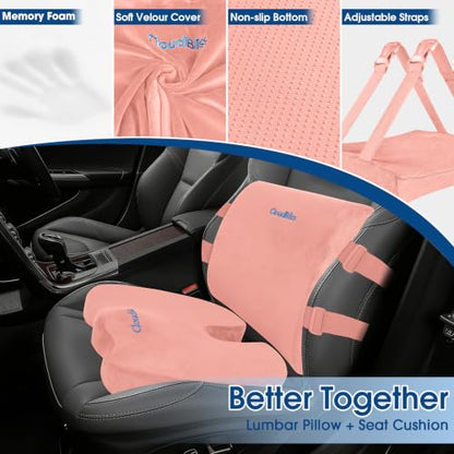 CloudBliss Ergonomic Seat Cushion & Lumbar Support Pillow Set, Pink, XL - color: Pink, size: X-Large