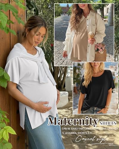 Riyiper 3 Pack Women's Maternity Tunic Cotton Shirts - color: Khaki, White, Black, size: Medium