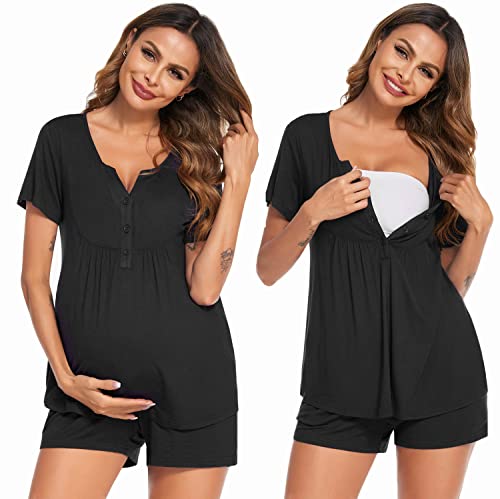 Ekouaer Women Maternity Nursing Pajama Sets Short Sleeve Postpartum Pajamas - color: Black, size: Large