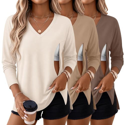Riyiper 3 Pack Women's Nursing Shirts for Breastfeeding - color: Cream, Light Khaki, Light Brown, size: XX-Large