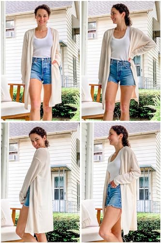 OUGES Women's Open Front Cardigan Shirt with Pockets Long Sleeve Lightweight Coat - color: Apricot, size: X-Large