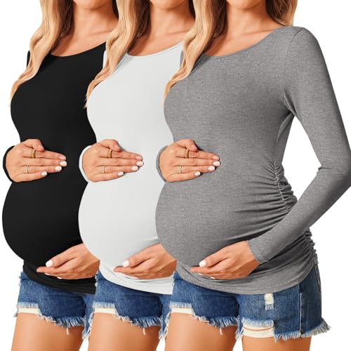 Ekouaer 3/4 Pack Womens Maternity Shirts Long Sleeve Pregnancy Tops - color: 3pcs Black / White / Grey, size: Large