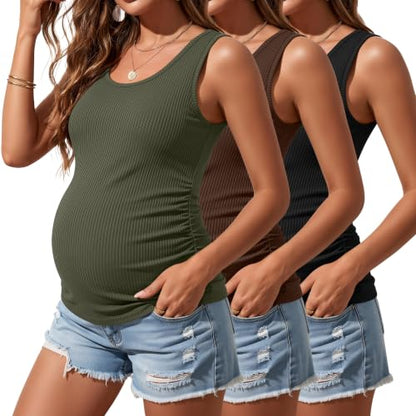Riyiper 3 Pack Women's Maternity Tank Tops - color: Black, Army Green, Coffee, size: Small