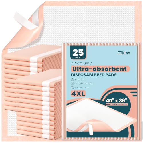 MKISS Extra Large Bed Pads with Adhesive Strips 40" x 36" 25 Count