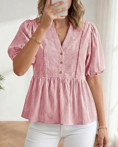dowerme Women Lantern Sleeve Button Up Stripes Babydoll Tops - color: Red, size: Large