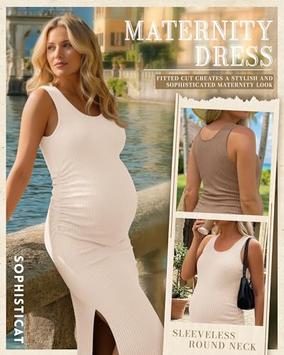 2 Pack Womens Split Long Maternity Dress - color: Cream, Khaki, size: Small