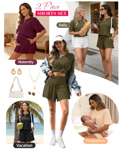 Charmo Two Piece Short Sets Women Scalloped Summer Maternity Outfits 2026 - color: Beige, size: X-Large