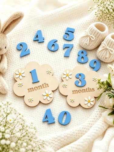 A Set of Baby Monthly Milestone Signs,Newborn 1-12 Months Wooden Milestone Markers, Baby Growth Record Photo Atmosphere Props, Memorial Photo Prop,Babygirl Boy Essentials - color: Blue Numbers + White Flowers
