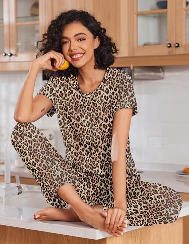 Ekouaer 2 Pack Womens Pajama Short Sleeve Jogger Pants Pjs Lounge Set - color: Black/Leopard, size: Medium