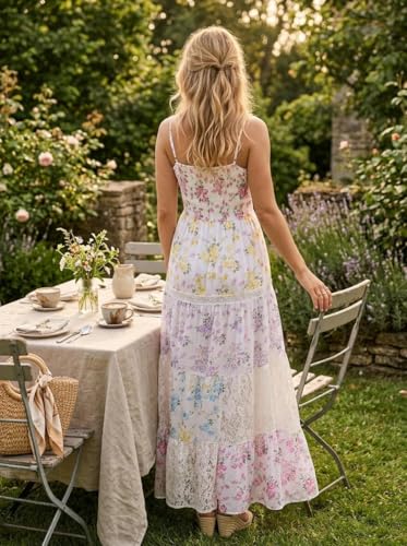 ABYOVRT Women Floral Maxi Dress Smocked Spaghetti Strap Lace Patchwork Tiered Boho Long Dress Vacation Garden Party - size: Medium