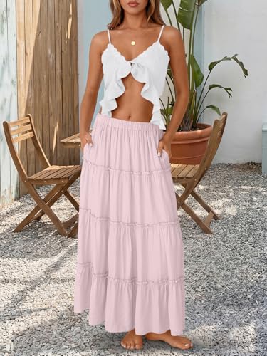 Trendy Queen Maxi Skirts for Women Boho Skirt with Pockets Summer Outfits - color: Pink, size: Small