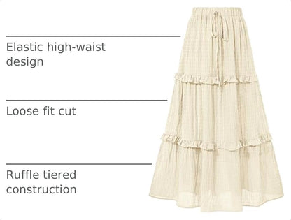 BTFBM Casual Solid Maxi Skirt Fall Clothes Flared A-Line Skirts for Women - color: Beige White, size: Small