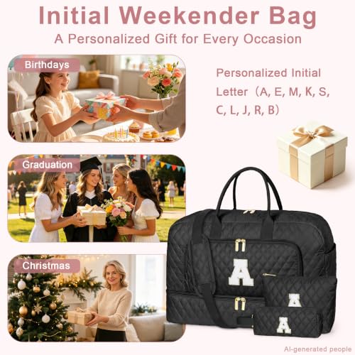 TIBES Birthday Graduation Gift for Her, Initial Weekender Bag for Women 45L - color: Black Diamond Quilted, style: L