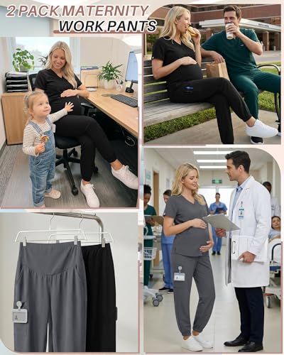Oakgarden 2 Pack Women's Maternity Scrub Pants Pregnancy Scrubs - color: Black, Light Gray, size: Medium
