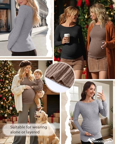 3 Pack Maternity Sweaters Long Sleeve Pregnancy Tops - color: Coffee, Light Gray, Black, size: Large