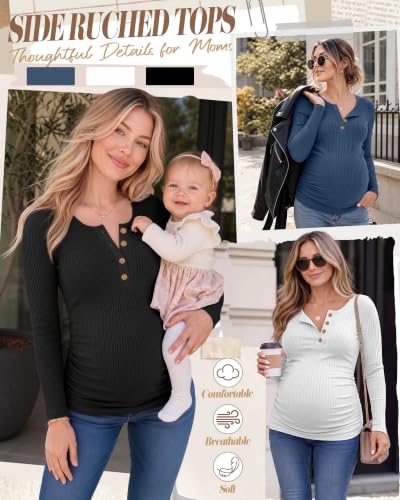 Huukeay 3 Pack Womens Maternity Long Sleeve Shirts Pregnancy Top - color: Haze Blue, White, Black, size: X-Large