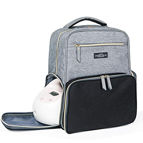 Breast Pump Backpack Diaper Bag - Multi-Function Mommy Outdoor Working Backpack with Insulation Pocket - color: Grey&black