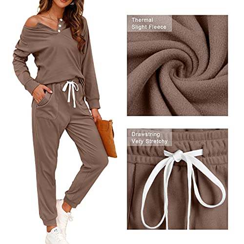 WIHOLL Two Piece Outfits for Women Lounge Sets Button Down Sweatshirt Sweatpants Sweatsuits Set with Pockets - color: Long Sleeve - 1 Khaki, size: Medium