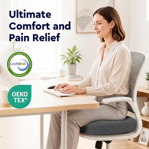 TushGuard Seat Cushion, Memory Foam Office Chair Cushion - Grey, Large - color: Grey, size: Large
