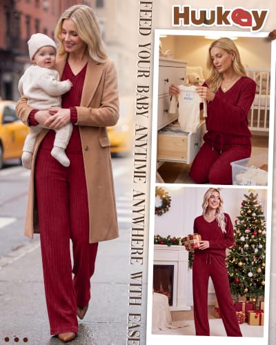 Huukeay 2 Piece Postpartum Nursing Sets - color: Wine Red, size: Large