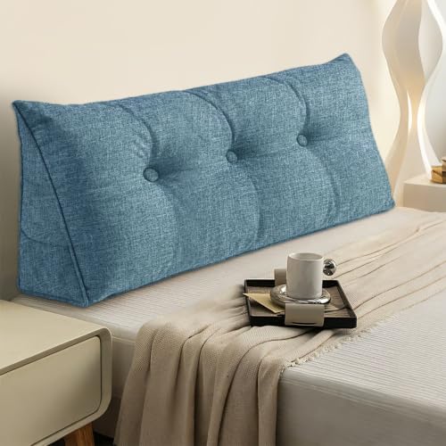 Headboard Pillow Twin Size, Triangle Wedge Pillow for Bed, Reading & Sitting Support, Backrest Cushion with Removable Cover, Comfortable Daybed Pillow for Bedroom, Dorm, or Sofa – Blue Linen Fabric - color: Navy Blue