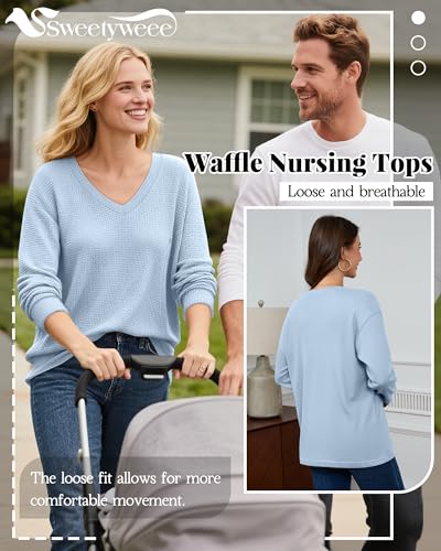 Women’s Waffle Knit Nursing Shirts Regular Fit - color: Light Blue, size: X-Large