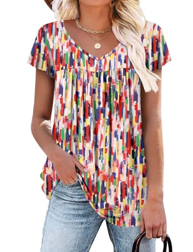 ROSELINLIN Womens Ruffle Sleeve Tunic Tops V Neck Loose Fit Short Sleeve Summer Shirts - color: A Ruffle Sleeve Color Bar, size: Medium