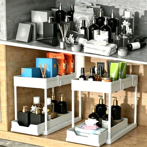 DEKAVA Cabinet, 2 Pack Under Sink Organizer, 2 Tier Sliding Bathroom Kitchen Organizer, Large White ABS Baskets, Easy Install & Clean - color: White