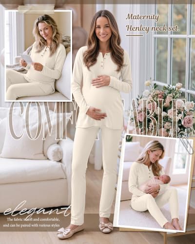 Huukeay Maternity Lounge Set Long Sleeve - color: Beige, size: Small