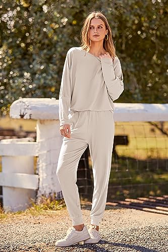 PRETTYGARDEN Women's 2 Piece Fall Outfits Matching Ribbed Knit Lounge Sets - color: Apricot, size: Small