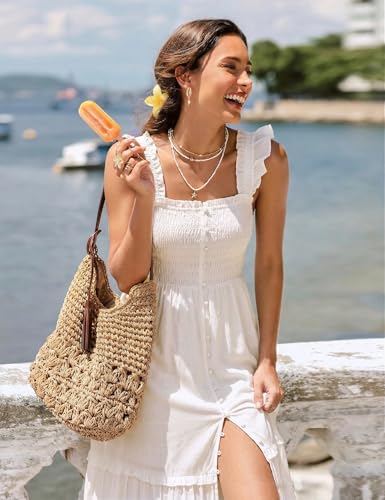 Women Summer Casual Midi Dress Square Neck Button Down Smocked Ruffle Strap Flowy Split Beach Sundress Pockets - color: White, size: Medium