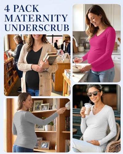 Neer 4 Pack Maternity Long Sleeve V Neck Under Scrub Tops - color: Black, White, Light Heather Gray, Rose Red, size: Medium