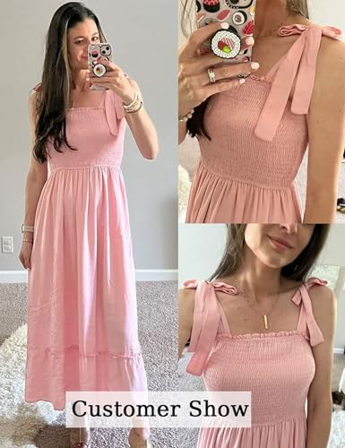 Tobrief Women's Boho Dress Summer Spaghetti Strap Square Neck Flowy Ruffle Beach Long Maxi Dress - color: 03 Pink, size: Small