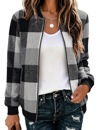 Zeagoo Jackets for Women 2026 Lightweight Bomber Jacket Plaid Flannel Coat - color: Black White Plaid- Gw39, size: Large
